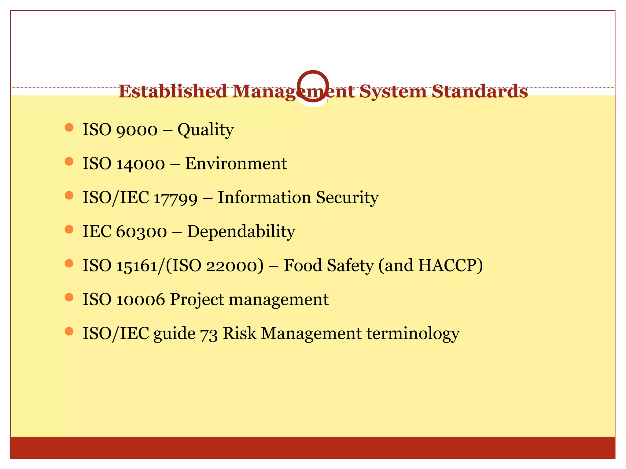 Established Management System Standards
 ISO 9000 – Quality

 ISO 14000 – Environment

 ISO/IEC 17799 – Information Security

 IEC 60300 – Dependability

 ISO 15161/(ISO 22000) – Food Safety (and HACCP)

 ISO 10006 Project management

 ISO/IEC guide 73 Risk Management terminology
 