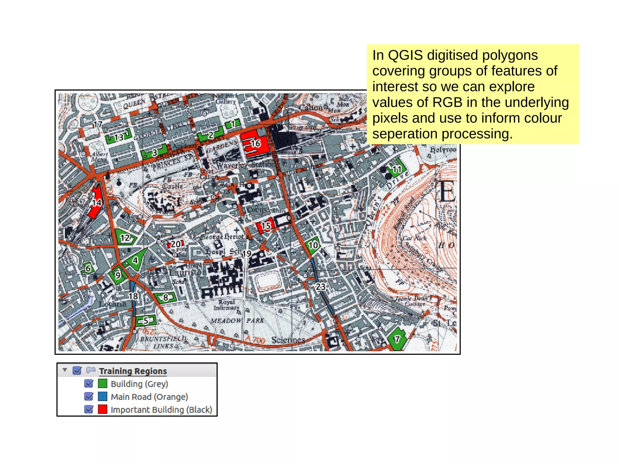 In QGIS digitised polygons covering groups of features of interest so we can explore values of RGB in the underlying pixels and use to inform colour seperation processing. 