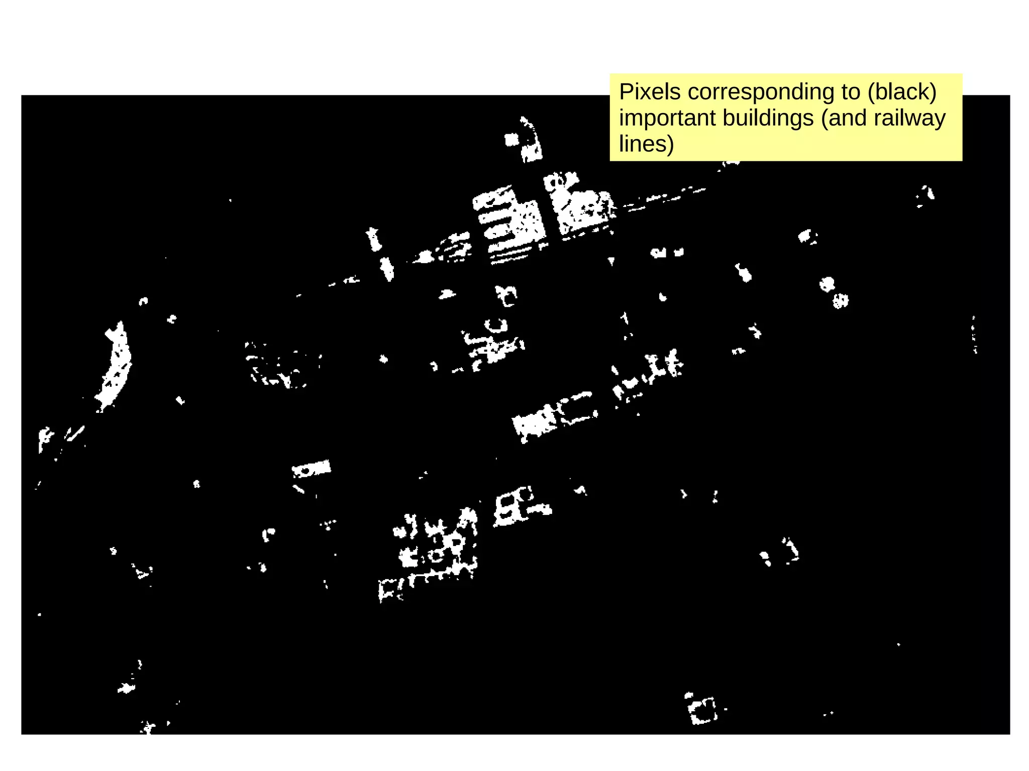 Pixels corresponding to (black) important buildings (and railway lines) 