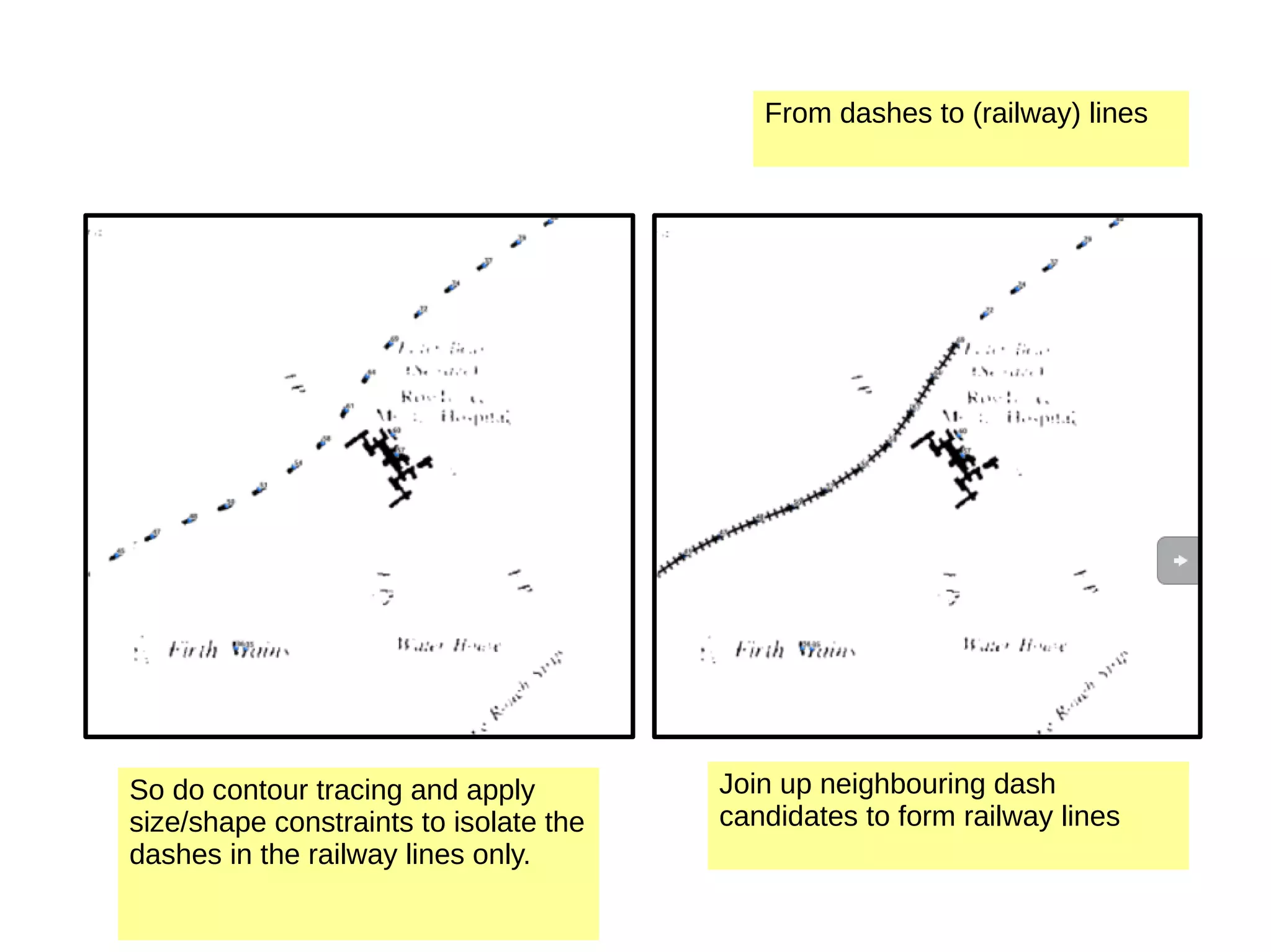 From dashes to (railway) lines So do contour tracing and apply size/shape constraints to isolate the dashes in the railway lines only. Join up neighbouring dash candidates to form railway lines 