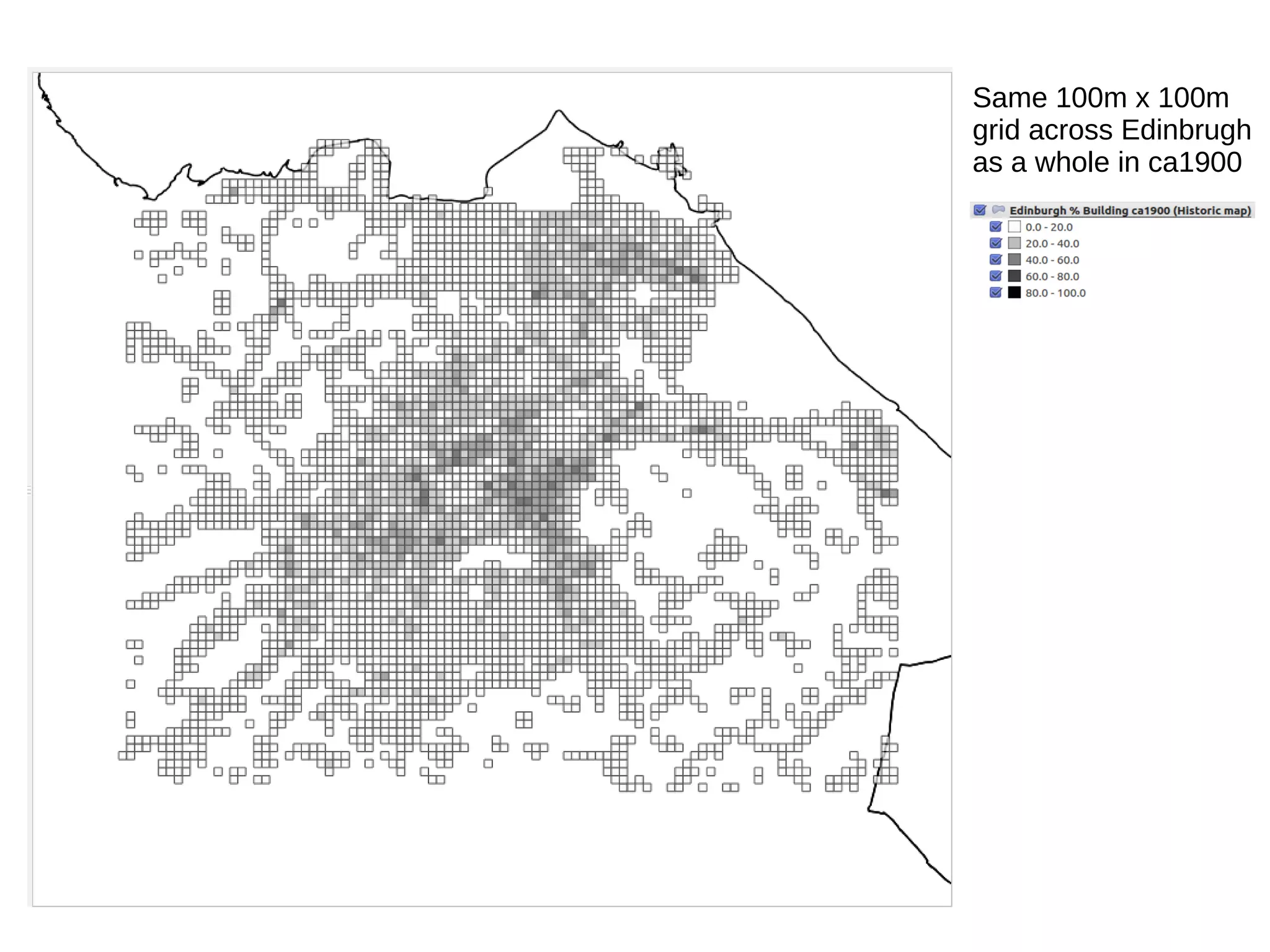 Same 100m x 100m grid across Edinbrugh as a whole in ca1900 