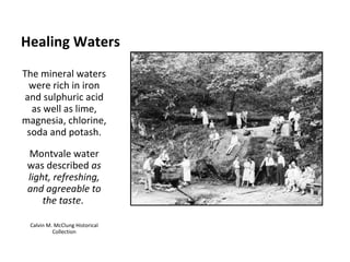 Healing Waters The mineral waters were rich in iron and sulphuric acid as well as lime, magnesia, chlorine, soda and potash. Montvale water was described  as light, refreshing, and agreeable to the taste .  Calvin M. McClung Historical Collection 