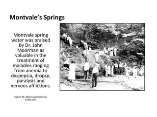 Montvale’s Springs Montvale spring water was praised by Dr. John Moorman as valuable in the treatment of maladies ranging from anemia to dyspepsia, dropsy, paralysis and nervous afflictions. Calvin M. McClung Historical Collection 