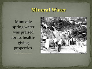 MMiinneerraall WWaatteerr 
Montvale 
spring water 
was praised 
for its health-giving 
properties. 
Calvin M. McClung Historical Collection 
 