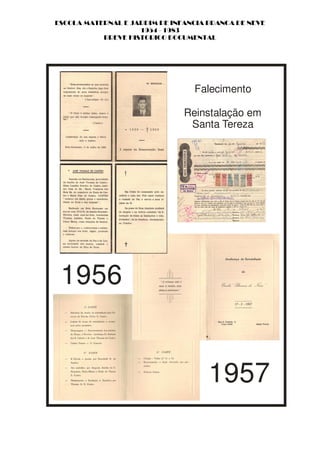 ESCOLA MATERNAL E JARDIM DE INFANCIA BRANCA DE NEVE
                    1954 - 1983
           BREVE HISTORICO DOCUMENTAL




                                 Falecimento

                               Reinstalação em
                                Santa Tereza




 1956


                                     1957
 