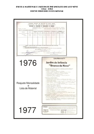 ESCOLA MATERNAL E JARDIM DE INFANCIA BRANCA DE NEVE
                    1954 - 1983
           BREVE HISTORICO DOCUMENTAL




  1976

Reajuste Mensalidade
          e
  Lista de Material




 1977
 