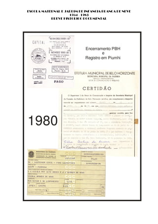 ESCOLA MATERNAL E JARDIM DE INFANCIA BRANCA DE NEVE
                    1954 - 1983
           BREVE HISTORICO DOCUMENTAL




                            Encerramento PBH
                                     e
                            Registro em Piumhi




1980
 