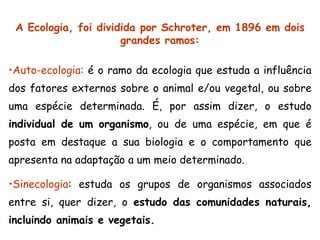 •Auto-ecologia: é o ramo da ecologia que estuda a influência
dos fatores externos sobre o animal e/ou vegetal, ou sobre
uma espécie determinada. É, por assim dizer, o estudo
individual de um organismo, ou de uma espécie, em que é
posta em destaque a sua biologia e o comportamento que
apresenta na adaptação a um meio determinado.
•Sinecologia: estuda os grupos de organismos associados
entre si, quer dizer, o estudo das comunidades naturais,
incluindo animais e vegetais.
A Ecologia, foi dividida por Schroter, em 1896 em dois
grandes ramos:
 