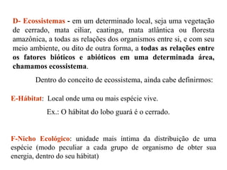 D- Ecossistemas - em um determinado local, seja uma vegetação
de cerrado, mata ciliar, caatinga, mata atlântica ou floresta
amazônica, a todas as relações dos organismos entre si, e com seu
meio ambiente, ou dito de outra forma, a todas as relações entre
os fatores bióticos e abióticos em uma determinada área,
chamamos ecossistema.
Dentro do conceito de ecossistema, ainda cabe definirmos:
E-Hábitat: Local onde uma ou mais espécie vive.
Ex.: O hábitat do lobo guará é o cerrado.
F-Nicho Ecológico: unidade mais íntima da distribuição de uma
espécie (modo peculiar a cada grupo de organismo de obter sua
energia, dentro do seu hábitat)
 
