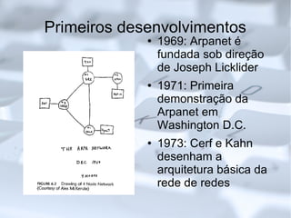 Primeiros desenvolvimentos 1969: Arpanet é fundada sob direção de Joseph Licklider 1971: Primeira demonstração da Arpanet em Washington D.C. 1973: Cerf e Kahn desenham a arquitetura básica da rede de redes 