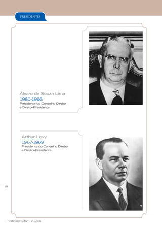 118
Histórico ABNT - 65 Anos
presidentes
Álvaro de Souza Lima
1960-1966
Presidente do Conselho Diretor
e Diretor-Presidente
Arthur Levy
1967-1969
Presidente do Conselho Diretor
e Diretor-Presidente
 