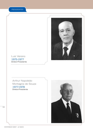 120
Histórico ABNT - 65 Anos
presidentes
Luiz Verano
1975-1977
Diretor-Presidente
Arthur Napoleão
Montagna de Souza
1977-1978
Diretor-Presidente
 