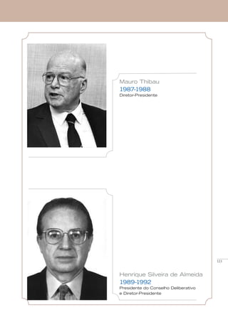 123
Mauro Thibau
1987-1988
Diretor-Presidente
Henrique Silveira de Almeida
1989-1992
Presidente do Conselho Deliberativo
e Diretor-Presidente
 
