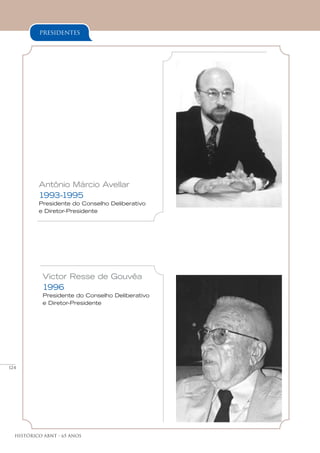 124
Histórico ABNT - 65 Anos
presidentes
Antônio Márcio Avellar
1993-1995
Presidente do Conselho Deliberativo
e Diretor-Presidente
Victor Resse de Gouvêa
1996
Presidente do Conselho Deliberativo
e Diretor-Presidente
 