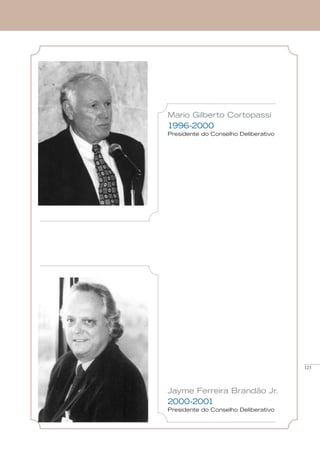 125
Mario Gilberto Cortopassi
1996-2000
Presidente do Conselho Deliberativo
Jayme Ferreira Brandão Jr.
2000-2001
Presidente do Conselho Deliberativo
 