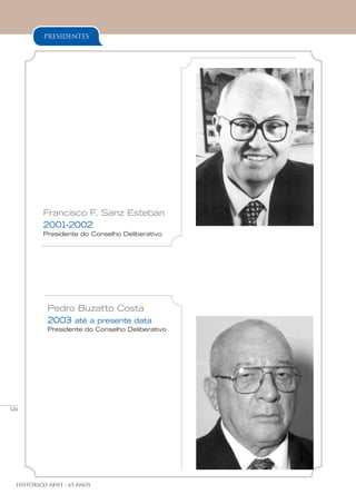 126
Histórico ABNT - 65 Anos
presidentes
Francisco F. Sanz Esteban
2001-2002
Presidente do Conselho Deliberativo
Pedro Buzatto Costa
2003 até a presente data
Presidente do Conselho Deliberativo
 