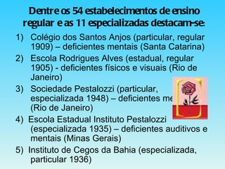 Dentre os 54 estabelecimentos de ensino regular e as 11 especializadas destacam-se : Colégio dos Santos Anjos (particular, regular 1909) – deficientes mentais (Santa Catarina) Escola Rodrigues Alves (estadual, regular 1905) - deficientes físicos e visuais (Rio de Janeiro) Sociedade Pestalozzi (particular, especializada 1948) – deficientes mentais (Rio de Janeiro) 4)  Escola Estadual Instituto Pestalozzi (especializada 1935) – deficientes auditivos e mentais (Minas Gerais) 5)  Instituto de Cegos da Bahia (especializada, particular 1936) 