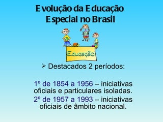 Evolução da Educação  Especial no Brasil Destacados 2 períodos: 1º de 1854 a 1956  – iniciativas oficiais e particulares isoladas. 2º de 1957 a 1993  – iniciativas oficiais de âmbito nacional. 