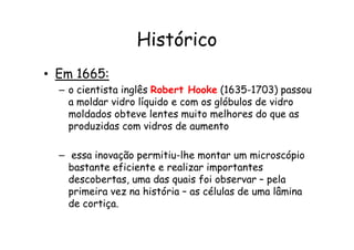 Histórico
• Em 1665:
– o cientista inglês Robert Hooke (1635-1703) passou
a moldar vidro líquido e com os glóbulos de vidro
moldados obteve lentes muito melhores do que as
produzidas com vidros de aumento
produzidas com vidros de aumento
– essa inovação permitiu-lhe montar um microscópio
bastante eficiente e realizar importantes
descobertas, uma das quais foi observar – pela
primeira vez na história – as células de uma lâmina
de cortiça.
 