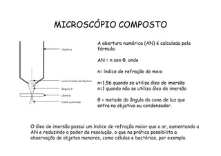 MICROSCÓPIO COMPOSTO
A abertura numérica (AN) é calculada pela
fórmula:
AN = n sen θ, onde
n= índice de refração do meio
O óleo de imersão possui um índice de refração maior que o ar, aumentando a
AN e reduzindo o poder de resolução, o que na prática possibilita a
observação de objetos menores, como células e bactérias, por exemplo.
n=1,56 quando se utiliza óleo de imersão
n=1 quando não se utiliza óleo de imersão
θ = metade do ângulo do cone de luz que
entra na objetiva ou condensador.
 