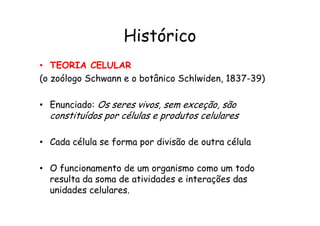 Histórico
• TEORIA CELULAR
(o zoólogo Schwann e o botânico Schlwiden, 1837-39)
• Enunciado: Os seres vivos, sem exceção, são
constituídos por células e produtos celulares
constituídos por células e produtos celulares
• Cada célula se forma por divisão de outra célula
• O funcionamento de um organismo como um todo
resulta da soma de atividades e interações das
unidades celulares.
 