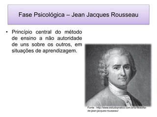 Fase Psicológica – Jean Jacques Rousseau
• Princípio central do método
de ensino a não autoridade
de uns sobre os outros, em
situações de aprendizagem.
Fonte : http://www.estudopratico.com.br/a-filosofia-
de-jean-jacques-rousseau/
 