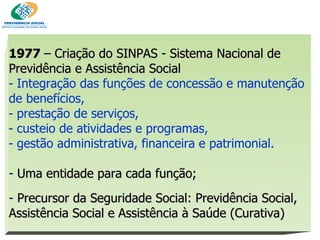 1977  – Criação do SINPAS - Sistema Nacional de Previdência e Assistência Social Integração das funções de concessão e manutenção de benefícios, prestação de serviços,  custeio de atividades e programas,  gestão administrativa, financeira e patrimonial. Uma entidade para cada função; Precursor da Seguridade Social: Previdência Social, Assistência Social e Assistência à Saúde (Curativa) ‏ 