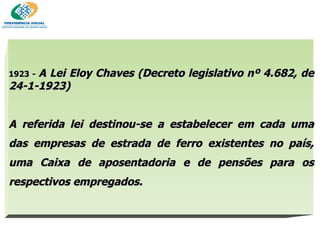 1923 -  A Lei Eloy Chaves (Decreto legislativo nº 4.682, de 24-1-1923)‏ A referida lei destinou-se a estabelecer em cada uma das empresas de estrada de ferro existentes no país, uma Caixa de aposentadoria e de pensões para os respectivos empregados.  