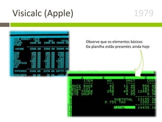 Visicalc (Apple) 1979
Observe que os elementos básicos
Da planilha estão presentes ainda hoje
 