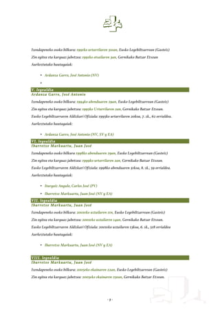- 3 -
Izendapeneko osoko bilkura: 1991ko urtarrilaren 31ean, Eusko Legebiltzarrean (Gasteiz)
Zin egitea eta karguaz jabetzea: 1991ko otsailaren 3an, Gernikako Batzar Etxean
Aurkeztutako hautagaiak:
• Ardanza Garro, José Antonio (NV)
•
V. legealdia
Ardanza Garro, José Antonio
Izendapeneko osoko bilkura: 1994ko abenduaren 29an, Eusko Legebiltzarrean (Gasteiz)
Zin egitea eta karguaz jabetzea: 1995ko Urtarrilaren 2an, Gernikako Batzar Etxean.
Eusko Legebiltzarraren Aldizkari Ofiziala: 1995ko urtarrilaren 20koa, 7. zk., 62 orrialdea.
Aurkeztutako hautagaiak:
• Ardanza Garro, José Antonio (NV, SV y EA)
VI. legealdia
Ibarretxe Markuartu, Juan José
Izendapeneko osoko bilkura 1998ko abenduaren 29an, Eusko Legebiltzarrean (Gasteiz)
Zin egitea eta karguaz jabetzea: 1999ko urtarrilaren 2an, Gernikako Batzar Etxean.
Eusko Legebiltzarraren Aldizkari Ofiziala: 1998ko abenduaren 31koa, 8. zk., 59 orrialdea.
Aurkeztutako hautagaiak:
• Iturgaiz Angulo, Carlos José (PV)
• Ibarretxe Markuartu, Juan José (NV y EA)
VII. legealdia
Ibarretxe Markuartu, Juan José
Izendapeneko osoko bilkura: 2001eko uztailaren 11n, Eusko Legebiltzarrean (Gasteiz)
Zin egitea eta karguaz jabetzea: 2001eko uztailaren 14an, Gernikako Batzar Etxean.
Eusko Legebiltzarraren Aldizkari Ofiziala: 2001eko uztailaren 13koa, 6. zk., 518 orrialdea
Aurkeztutako hautagaiak:
• Ibarretxe Markuartu, Juan José (NV y EA)
VIII. legealdia
Ibarretxe Markuartu, Juan José
Izendapeneko osoko bilkura: 2005eko ekainaren 22an, Eusko Legebiltzarrean (Gasteiz)
Zin egitea eta karguaz jabetzea: 2005eko ekainaren 25ean, Gernikako Batzar Etxean.
 