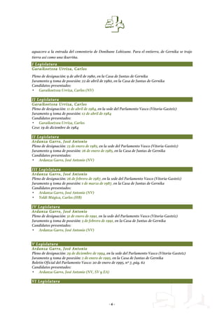 - 6 -
aguacero a la entrada del cementerio de Donibane Lohizune. Para el entierro, de Gernika se trajo
tierra así como una ikurriña.
I Legislatura
Garaikoetxea Urriza, Carlos
Pleno de designación: 9 de abril de 1980, en la Casa de Juntas de Gernika
Juramento y toma de posesión: 22 de abril de 1980, en la Casa de Juntas de Gernika
Candidatos presentados:
• Garaikoetxea Urriza, Carlos (NV)
II Legislatura
Garaikoetxea Urriza, Carlos
Pleno de designación: 11 de abril de 1984, en la sede del Parlamento Vasco (Vitoria-Gasteiz)
Juramento y toma de posesión: 12 de abril de 1984
Candidatos presentados:
• Garaikoetxea Urriza, Carlos
Cese: 19 de diciembre de 1984
II Legislatura
Ardanza Garro, José Antonio
Pleno de designación: 23 de enero de 1985, en la sede del Parlamento Vasco (Vitoria-Gasteiz)
Juramento y toma de posesión: 26 de enero de 1985, en la Casa de Juntas de Gernika
Candidatos presentados:
• Ardanza Garro, José Antonio (NV)
III Legislatura
Ardanza Garro, José Antonio
Pleno de designación: 26 de febrero de 1987, en la sede del Parlamento Vasco (Vitoria-Gasteiz)
Juramento y toma de posesión: 1 de marzo de 1987, en la Casa de Juntas de Gernika
Candidatos presentados:
• Ardanza Garro, José Antonio (NV)
• Yoldi Múgica, Carlos (HB)
IV Legislatura
Ardanza Garro, José Antonio
Pleno de designación: 31 de enero de 1991, en la sede del Parlamento Vasco (Vitoria-Gasteiz)
Juramento y toma de posesión: 3 de febrero de 1991, en la Casa de Juntas de Gernika
Candidatos presentados:
• Ardanza Garro, José Antonio (NV)
V Legislatura
Ardanza Garro, José Antonio
Pleno de designación: 29 de diciembre de 1994, en la sede del Parlamento Vasco (Vitoria-Gasteiz)
Juramento y toma de posesión: 2 de enero de 1995, en la Casa de Juntas de Gernika
Boletín Oficial del Parlamento Vasco: 20 de enero de 1995, nº 7, pág. 62
Candidatos presentados:
• Ardanza Garro, José Antonio (NV, SV y EA)
VI Legislatura
 