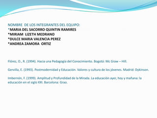 NOMBRE DE LOS INTEGRANTES DEL EQUIPO:
*MARIA DEL SACORRO QUINTIN RAMIRES
*MIRIAM LIZETH MEDRANO
*DULCE MARIA VALENCIA PEREZ
*ANDREA ZAMORA ORTIZ



Flórez, O., R. (1994). Hacia una Pedagogía del Conocimiento. Bogotá: Mc Graw – Hill.

Gervilla, E. (1993). Postmodernidad y Educación. Valores y cultura de los jóvenes. Madrid: Dykinson.

Imbernón, F. (1999). Amplitud y Profundidad de la Mirada. La educación ayer, hoy y mañana: la
educación en el siglo XXI. Barcelona: Grao.
 