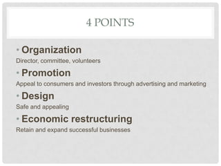 4 POINTS
• Organization
Director, committee, volunteers
• Promotion
Appeal to consumers and investors through advertising and marketing
• Design
Safe and appealing
• Economic restructuring
Retain and expand successful businesses
 