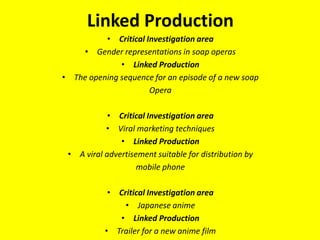 Linked Production Critical Investigation area Gender representations in soap operas Linked Production The opening sequence for an episode of a new soap Opera Critical Investigation area Viral marketing techniques Linked Production A viral advertisement suitable for distribution by mobile phone Critical Investigation area Japanese anime Linked Production Trailer for a new anime film 