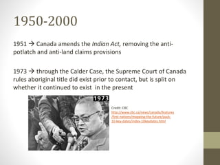 1950-2000 
1951  Canada amends the Indian Act, removing the anti-potlatch 
and anti-land claims provisions 
1973  through the Calder Case, the Supreme Court of Canada 
rules aboriginal title did exist prior to contact, but is split on 
whether it continued to exist in the present 
Credit: CBC 
http://www.cbc.ca/news/canada/features 
/first-nations/mapping-the-future/pack- 
10-key-dates/index-10keydates.html 
 
