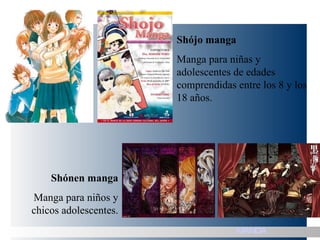 Shójo manga Manga para niñas y adolescentes de edades comprendidas entre los 8 y los 18 años.  Shónen manga Manga para niños y chicos adolescentes. MANGA 
