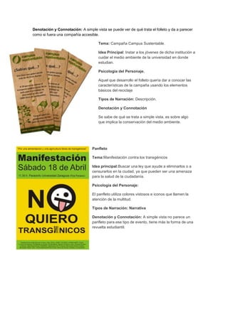 Denotación y Connotación: A simple vista se puede ver de qué trata el folleto y da a parecer
como si fuera una compañía accesible.
Tema: Campaña Campus Sustentable.
Idea Principal: Instar a los jóvenes de dicha institución a
cuidar el medio ambiente de la universidad en donde
estudian.
Psicología del Personaje.
Aquel que desarrollo el folleto quería dar a conocer las
características de la campaña usando los elementos
básicos del reciclaje
Tipos de Narración: Descripción.
Denotación y Connotación
Se sabe de qué se trata a simple vista, es sobre algo
que implica la conservación del medio ambiente.
Panfleto
Tema:Manifestación contra los transgénicos
Idea principal:Buscar una ley que ayude a eliminarlos o a
censurarlos en la ciudad, ya que pueden ser una amenaza
para la salud de la ciudadanía.
Psicología del Personaje:
El panfleto utiliza colores vistosos e iconos que llamen la
atención de la multitud.
Tipos de Narración: Narrativa
Denotación y Connotación: A simple vista no parece un
panfleto para ese tipo de evento, tiene más la forma de una
revuelta estudiantil.
 