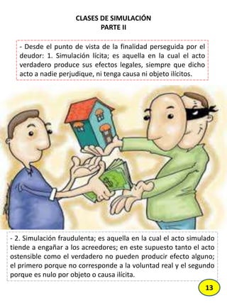 - Desde el punto de vista de la finalidad perseguida por el
deudor: 1. Simulación lícita; es aquella en la cual el acto
verdadero produce sus efectos legales, siempre que dicho
acto a nadie perjudique, ni tenga causa ni objeto ilícitos.
- 2. Simulación fraudulenta; es aquella en la cual el acto simulado
tiende a engañar a los acreedores; en este supuesto tanto el acto
ostensible como el verdadero no pueden producir efecto alguno;
el primero porque no corresponde a la voluntad real y el segundo
porque es nulo por objeto o causa ilícita.
CLASES DE SIMULACIÓN
PARTE II
13
 