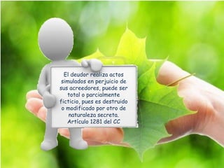 El deudor realiza actos
simulados en perjuicio de
sus acreedores, puede ser
total o parcialmente
ficticio, pues es destruido
o modificado por otro de
naturaleza secreta.
Artículo 1281 del CC
 