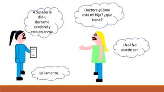 Doctora ¿Cómo
esta mi hija? ¿que
tiene?
¡No! No
puede ser.
A Susana le
dio u
derrame
cerebral y
esta en coma.
Lo lamento.
 
