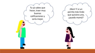 ¡Bien! Y vi un
perrito más lindo
que quisiera uno,
¿puedo mamá?
Tu ya sabes que
hacer, traer muy
buenas
calificaciones y
serla mejor.
 
