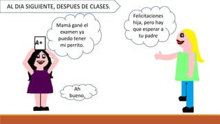 AL DIA SIGUIENTE, DESPUES DE CLASES.
Mamá gané el
examen ya
puedo tener
mi perrito.
Felicitaciones
hija, pero hay
que esperar a
tu padre
Ah
bueno.
 