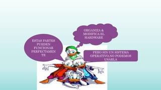 ORGANIZA &
MODIFICA EL
HARDWARE
ESTAS PARTES
PUEDEN
FUNCIONAR
PERFECTAMEN
TE
PERO SIN UN SISTEMA
OPERATIVO,NO PODEMOS
USARLA
