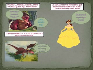 CUANDO LA PRINCESA SE Sentía triste Lo único que le dijo  al burro fue…Al llegar a ella se dio cuenta queSe avía transformado  de nuevoen la princesa que era  antesNo quiero vivir así. Le daré a todos miedo mejor me voy a otro ladoOtra ves soy yo de nuevo!! Tal ves se habrá pasado el efecto de la manzanaNo te preocupes princesa yo te voy a ayudarCuando se dirigía  a  su casa se dio cuentaQue  algo le sucedíaOtra ves me estoy sintiendo rara ¿Qué me estara pasando de nuevo?