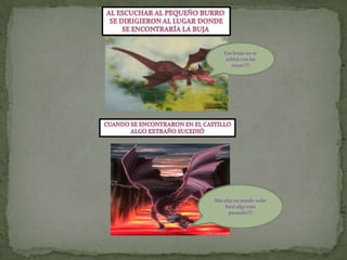 Al escuchar al pequeño burro Se dirigieron al lugar dondeSe encontraría la buja Esa bruja no se saldrá con las suyas!!!!Cuando se encontraron en el castilloAlgo extraño sucedióMis alas no puedo volar bien algo esta pasando!!!!