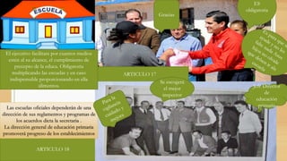 Gracias
ES
obligatoria
ARTICULO 17
ARTICULO 18
Las escuelas oficiales dependerán de una
dirección de sus reglamentos y programas de
los acuerdos dicta la secretaria .
La dirección general de educación primaria
promoverá progreso de los establecimientos
El ejecutivo facilitara por cuantos medios
estén al su alcance, el cumplimiento de
precepto de la educa. Obligatoria
multiplicando las escuelas y en caso
indispensable proporcionando en ella
alimentos.
Se escogerá
el mejor
inspector
Jefe Director
de
educación
primaria
 