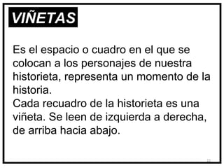 VIÑETAS

Es el espacio o cuadro en el que se
colocan a los personajes de nuestra
historieta, representa un momento de la
historia.
Cada recuadro de la historieta es una
viñeta. Se leen de izquierda a derecha,
de arriba hacia abajo.

                                      22
 