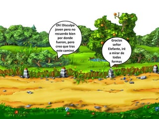 Elefante!!
Pare! Pare!
Ha visto a
mi amada
princesa?
Oh! Disculpa
joven pero no
recuerdo bien
por donde
fueron, pero
creo que tras
este camino
Gracias
señor
Elefante, iré
a mirar de
todas
formas
 