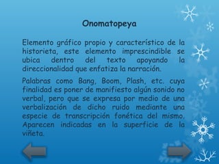 Onomatopeya

Elemento gráfico propio y característico de la
historieta, este elemento imprescindible se
ubica    dentro    del   texto    apoyando  la
direccionalidad que enfatiza la narración.
Palabras como Bang, Boom, Plash, etc. cuya
finalidad es poner de manifiesto algún sonido no
verbal, pero que se expresa por medio de una
verbalización de dicho ruido mediante una
especie de transcripción fonética del mismo.
Aparecen indicadas en la superficie de la
viñeta.
 