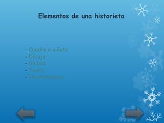 Elementos de una historieta




- Cuadro o viñeta
- Dibujo
- Globos
- Texto
- Onomatopeya
 